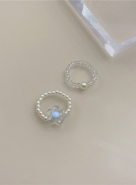 小蓝花珍珠戒指2只装~叠戴组合甜美韩国ins套装花朵指环女食指戒