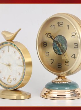 吉祥居李居明黄铜钟摆件贝壳钟表饿金命桌面座钟台钟家用客厅装饰