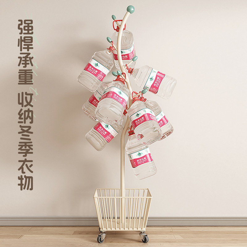 奶油风落地衣帽架卧室落地挂衣架可移动带轮转角床边收纳篮脏衣篓 - 图2
