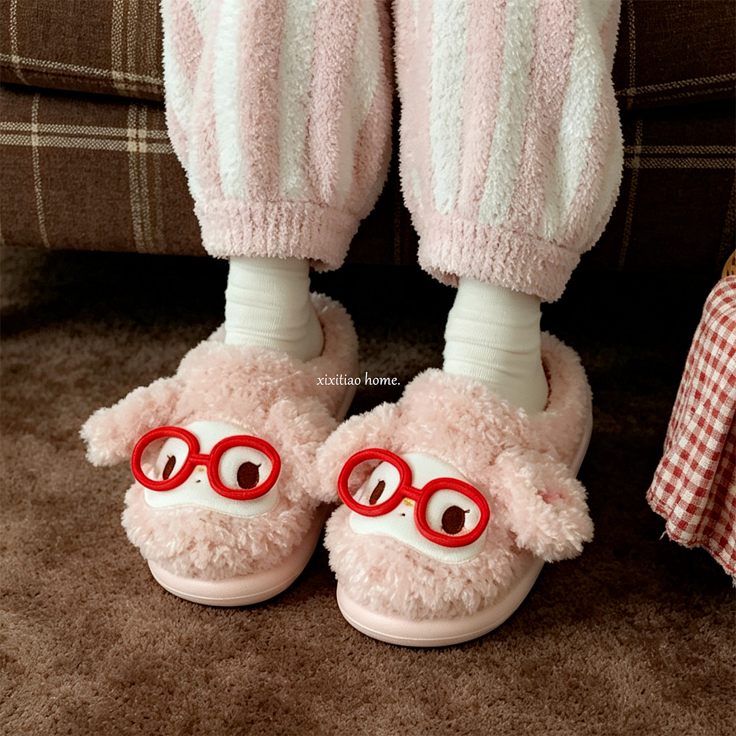 Girly Heart Glasses Rabbit Cotton Slippers for Schoolgirls