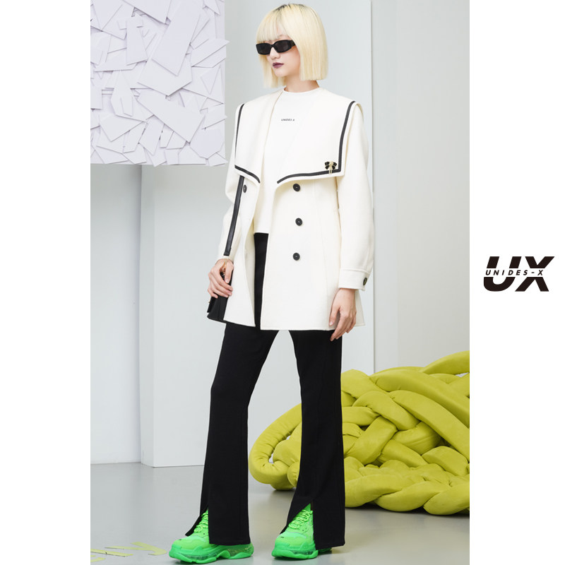 白色大翻领双排扣双面呢大衣女UX2022冬季新款中短款休闲呢子外套