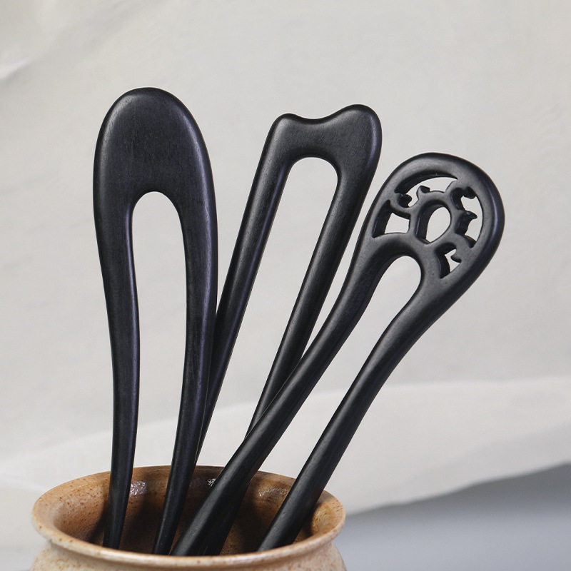 U型发簪古风发钗黑檀木簪子 盘发U钗月弯钗可爱猫咪木钗汉服头饰,淘宝优惠券,粉丝福利购,淘宝优惠卷