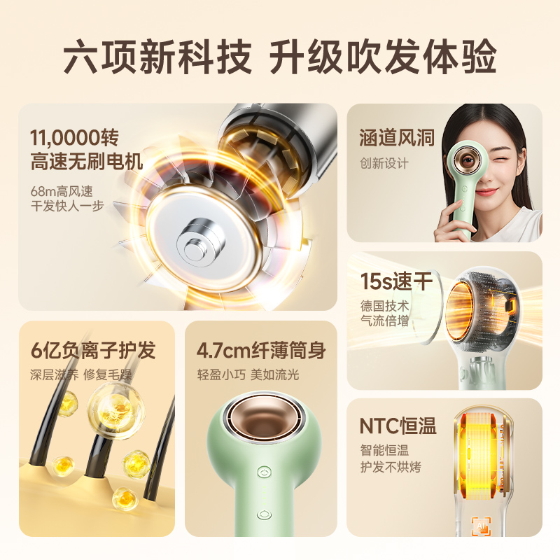 VTT高速吹风机家用静6亿负离子音护发速干电吹风筒宿舍送女友礼物