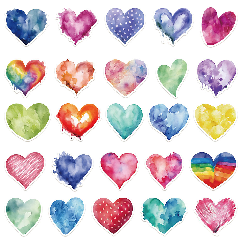 50张水彩画爱心贴纸创意情人节礼物封口贴手机壳diy手账本笔记本电脑水杯防水装饰贴画
