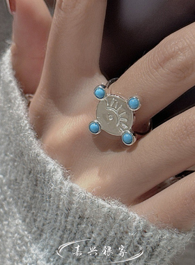 嘉兴银家s925纯银小众设计感复古绿松石戒指女韩式风复古简约指环