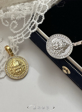 嘉兴银家s925纯银复古国潮藏式文化黄财神圆牌吊坠女国风百搭项坠
