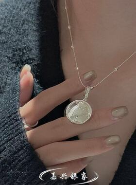 嘉兴银家s925纯银小众设计感星星吊坠韩式复古简约ins风圆牌项坠