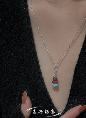 嘉兴银家s925纯银小众设计感松石玛瑙布艺吊坠女韩式复古简约项坠