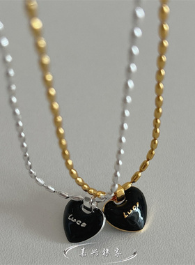 嘉兴银家s925纯银韩式小众气质luck幸运黑色滴釉爱心米粒项链女