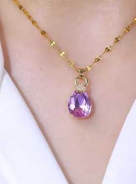 紫色水晶水滴项链女2025新款爆款小众设计短款锁骨网红链钛钢颈链