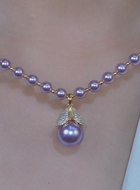 超仙设计感镶钻紫色珠珠锁骨链精致大气优雅轻奢高级感珍珠项链女