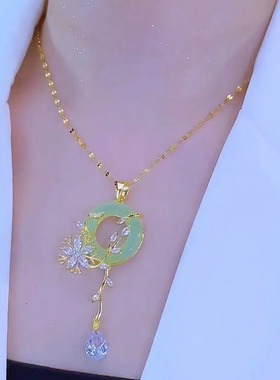 复古花开富贵绿色平安扣项链夏季