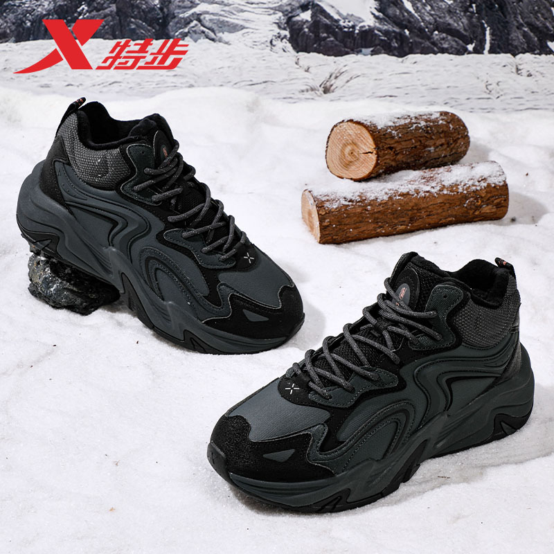 特步男鞋高帮加绒棉鞋闪电6冬季皮面复古保暖雪地靴休闲鞋运动鞋 - 图2