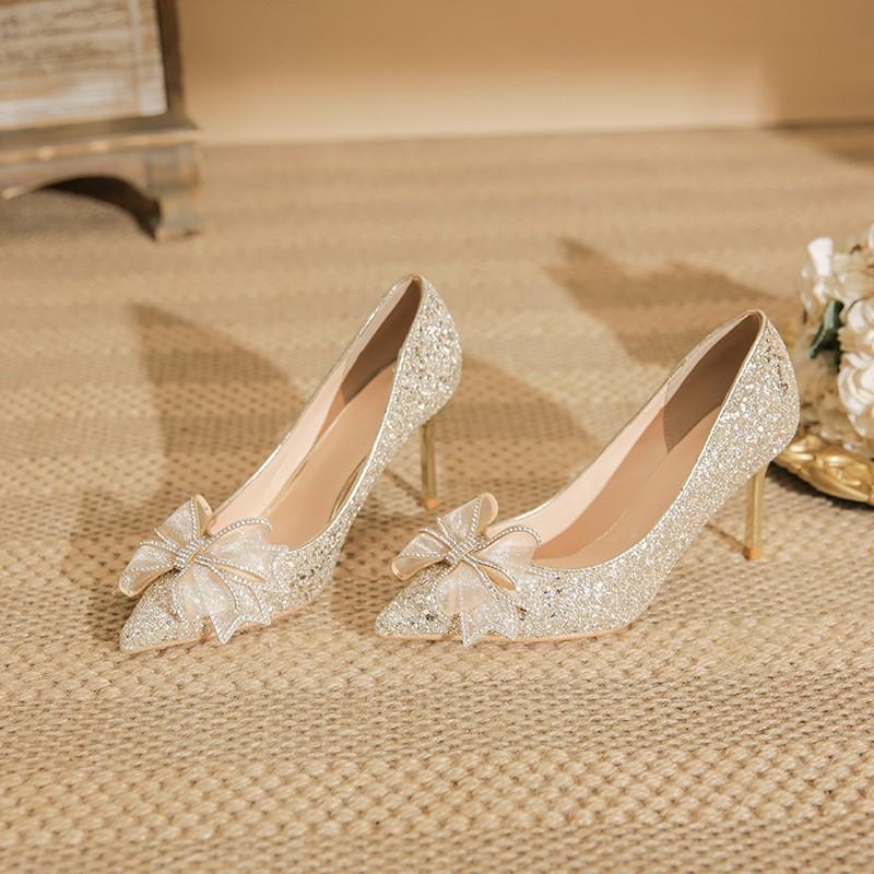 Wedding high Heels Women's Sequined bow French style shoes-图1