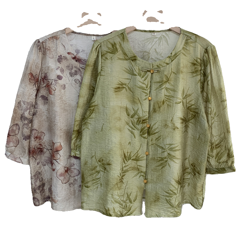 中年妈妈夏装2024新款天丝麻上衣洋气中老年女奶奶小衫中袖薄衣服