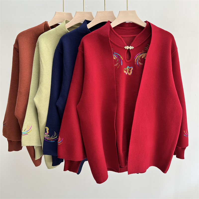 洋气妈妈秋装外套两件套装中老年人女秋冬婚宴喜婆婆奶奶内搭毛衣