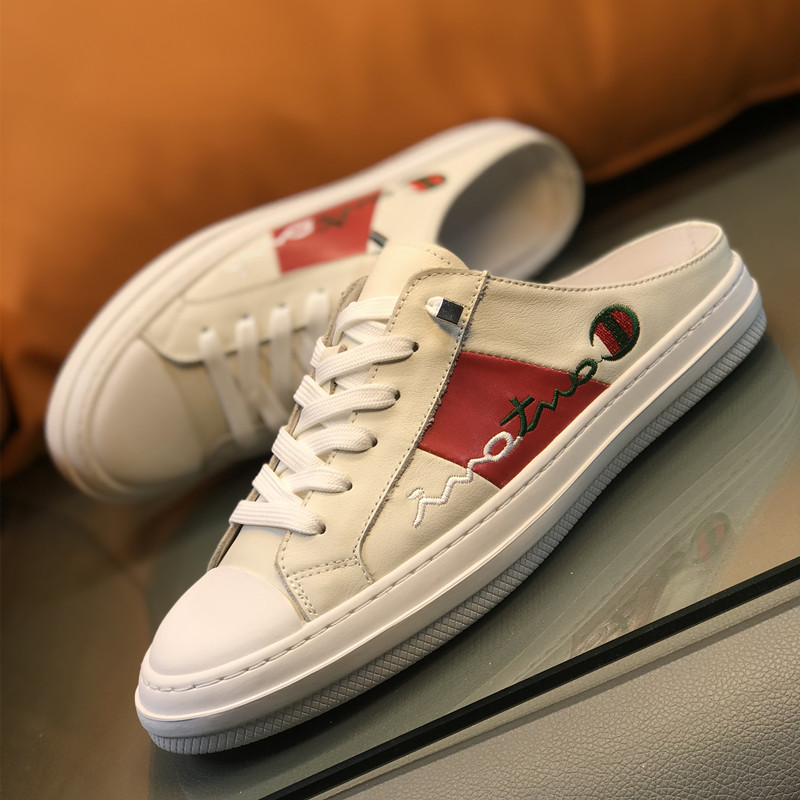 欧洲站男鞋真皮包头半拖鞋男潮刺绣小白鞋夏季透气无后跟板鞋白色 - 图0