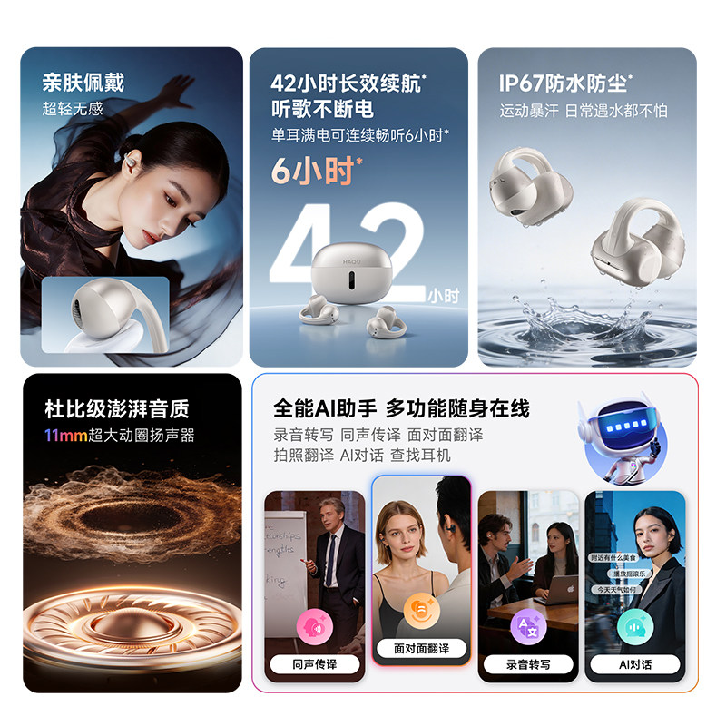 哈趣Ace1蓝牙耳夹式耳机 免费AI翻译录音运动防汗超轻无感长续航