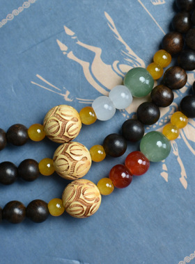 天然沉贵宝木双圈diy手串黄杨木莲花玉石款男女情侣手链饰品礼物