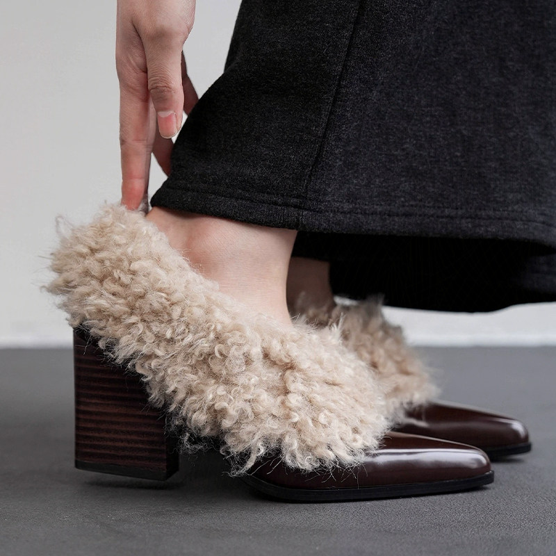 尖头毛毛单鞋粗跟加绒高跟鞋秋季新款保暖设计感时髦女鞋保暖棉鞋,淘宝优惠券,粉丝福利购,淘宝优惠卷