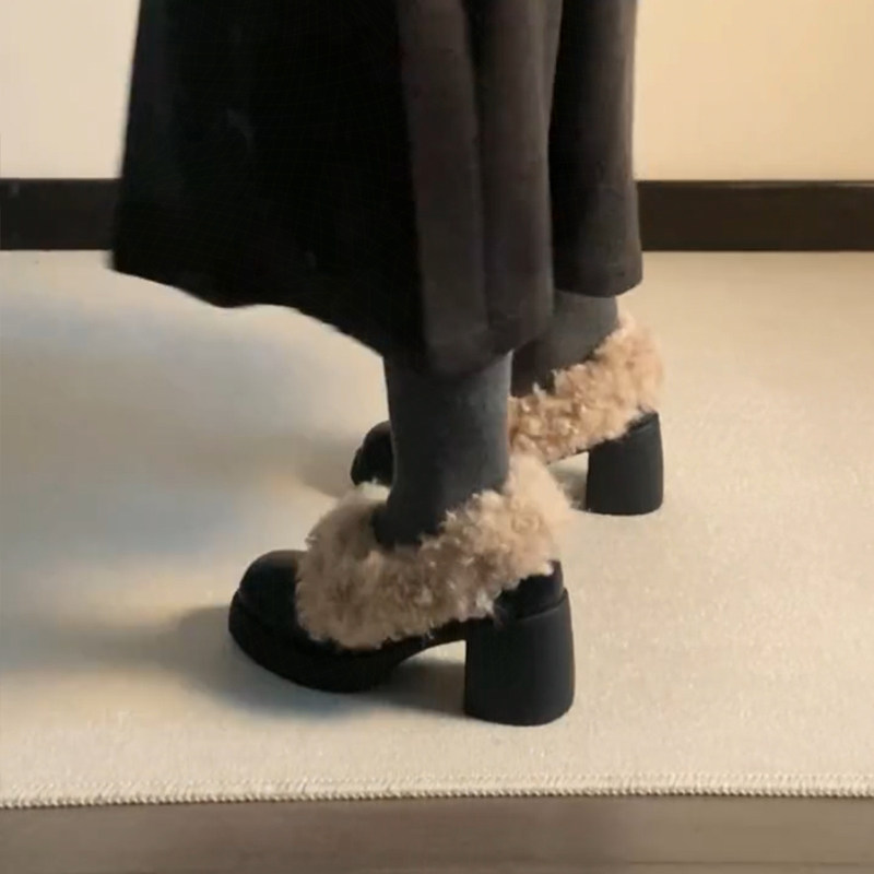 牛皮版~方头毛毛鞋一脚蹬复古加绒保暖玛丽珍小皮鞋棉鞋粗跟单鞋,淘宝优惠券,粉丝福利购,淘宝优惠卷