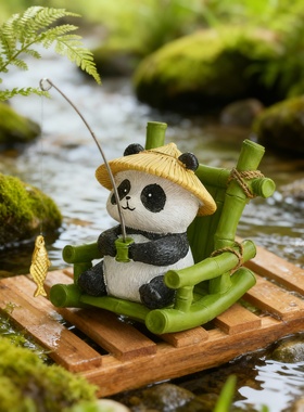 可爱熊猫钓鱼手工治愈毛绒摆件