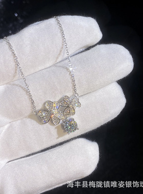莫桑石S925纯银满钻樱花四叶草项链女幸运草高级感锁骨链新款