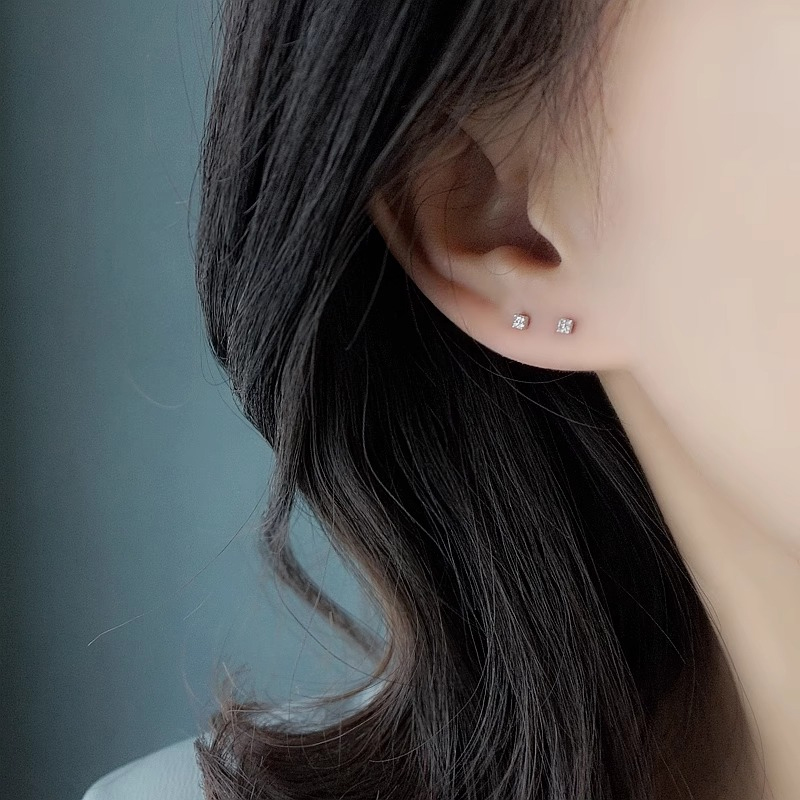 s925纯银小巧精致菱形耳环方形锆石耳骨耳钉女士睡觉不用摘养耳洞-图1