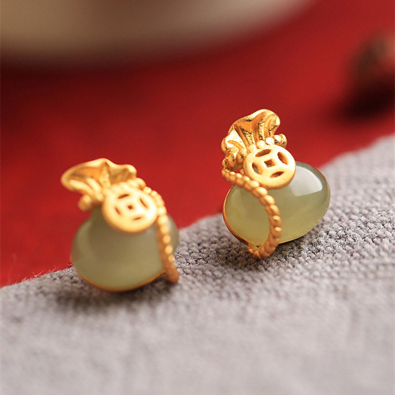 925纯银和田玉钱袋耳钉女复古风ins高级感气质轻奢耳环耳饰新中式,淘宝优惠券,粉丝福利购,淘宝优惠卷