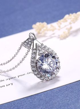 s925纯银新品镀白金镶钻梨形水滴吊坠项链学院风泪滴锁骨链礼物女