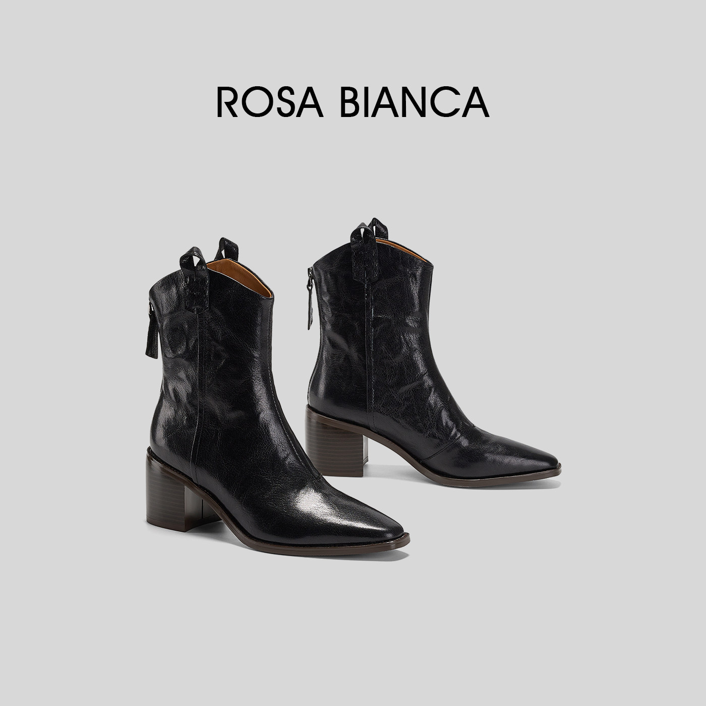 rosabianca手抓纹羊皮短靴尖头高跟休闲后拉链时装靴西部靴,淘宝优惠券,粉丝福利购,淘宝优惠卷