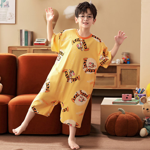 男童连体睡衣夏季纯棉短袖连体衣防踢遮肚卡通小孩儿童空调家居服 - 图2