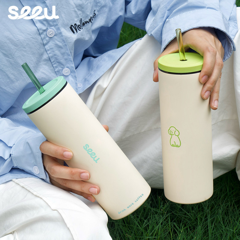 seeu漫游杯小狗吸管杯304不锈钢杯子情侣保温杯随行水杯600ml - 图1