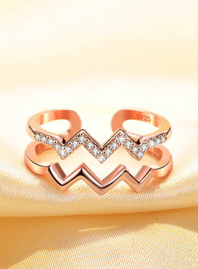 日韩新款心动时分锆石饰品女生双层简约微镶开口戒指曲线波浪指环