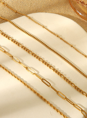 欧美跨境爆款简约百搭不锈钢镀18K金麻花链费加罗链表带链手链女