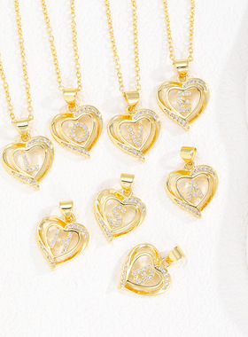 跨境热销爆款 铜镀18K真金26英文字母爱心项链镶钻爱心吊坠