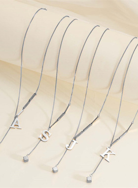 跨境新款方块不锈钢字母项链女钛钢流苏长款大写字母吊坠饰品