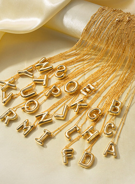 INS风18k金不锈钢镀金钛钢派对气球26英文字母镂空吊坠项链项饰