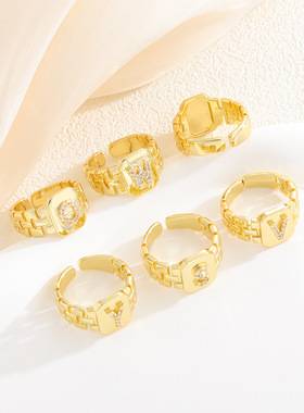 跨境新款简约设计复古可调节指环26个英文字母镶钻表带开口戒指