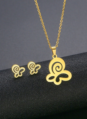 欧美嘻哈配饰 不锈钢项链耳环套装女款 南美光面几何跨境饰品