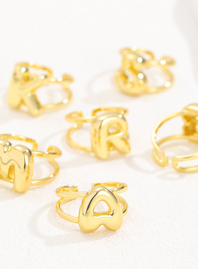 跨境亚马逊黄铜气球泡泡26字母戒指双层开口可调节戒指男女通用