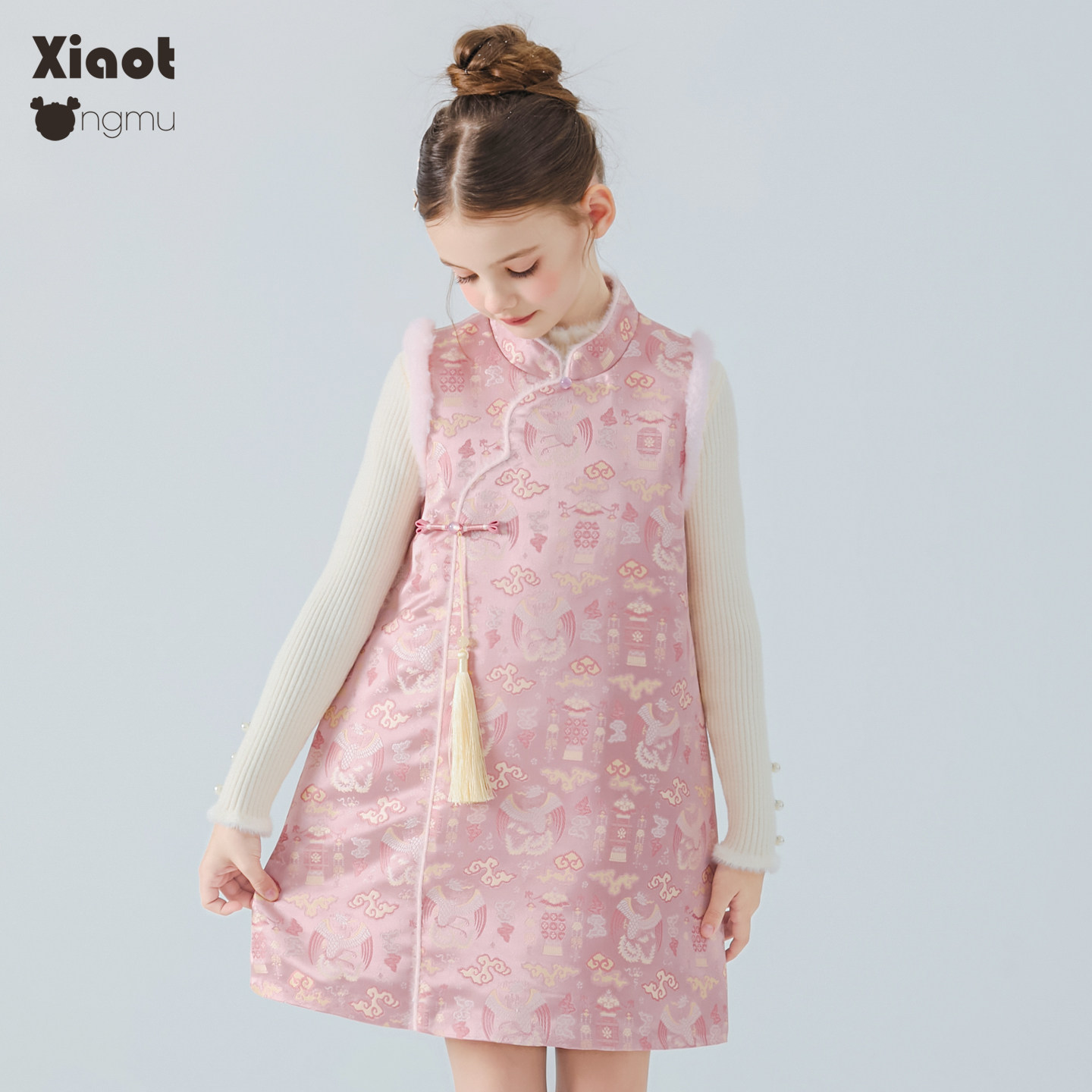 小童木 新中式国风女童连衣裙冬季新款复古提花盘扣女大童背心裙,淘宝优惠券,粉丝福利购,淘宝优惠卷