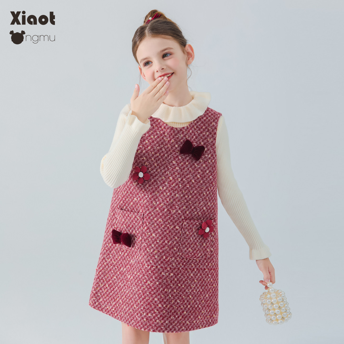 小童木 甜美小香风女童连衣裙冬季新款喜庆年服女大童花朵背心裙,淘宝优惠券,粉丝福利购,淘宝优惠卷