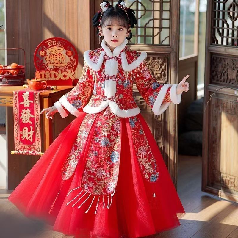 汉服女童中国风服装儿童拜年服女宝抓周礼服2025秋冬新款加厚唐装 - 图1