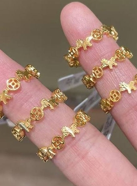 马上有钱金色木马铜钱戒指女