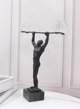 北欧现代轻奢雕塑水晶铸铁举重人摆件样板房间软装饰品家居摆设