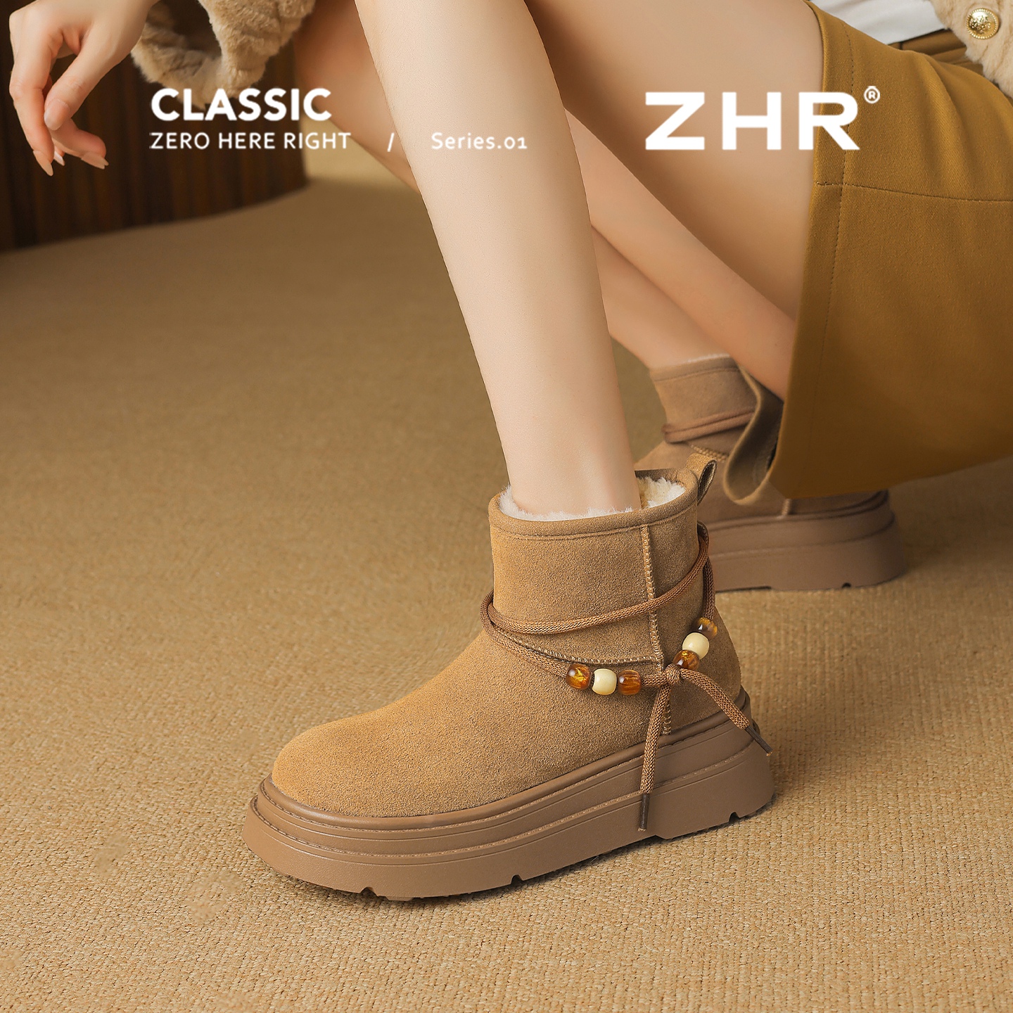 ZHR厚底雪地靴女2025冬季新款加绒加厚防滑保暖棉鞋真皮棕色短靴 - 图0