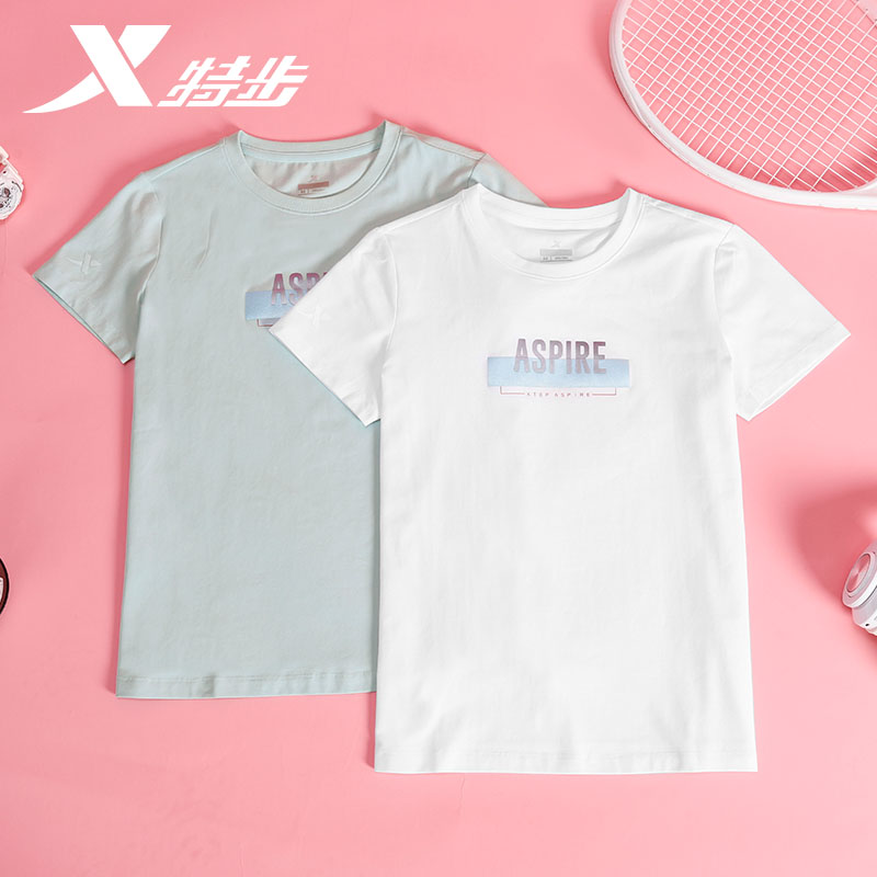 特步短袖女夏季学生时尚圆领百搭薄荷曼波t恤绿色休闲运动服女装