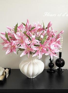 法式高档百合仿真花假花干花客厅餐桌玄关花束诧寂风花瓶艺术摆件