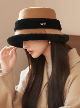 2024秋冬新款帽子女冬季保暖加绒加厚保暖渔夫帽大头围毛茸茸盆帽